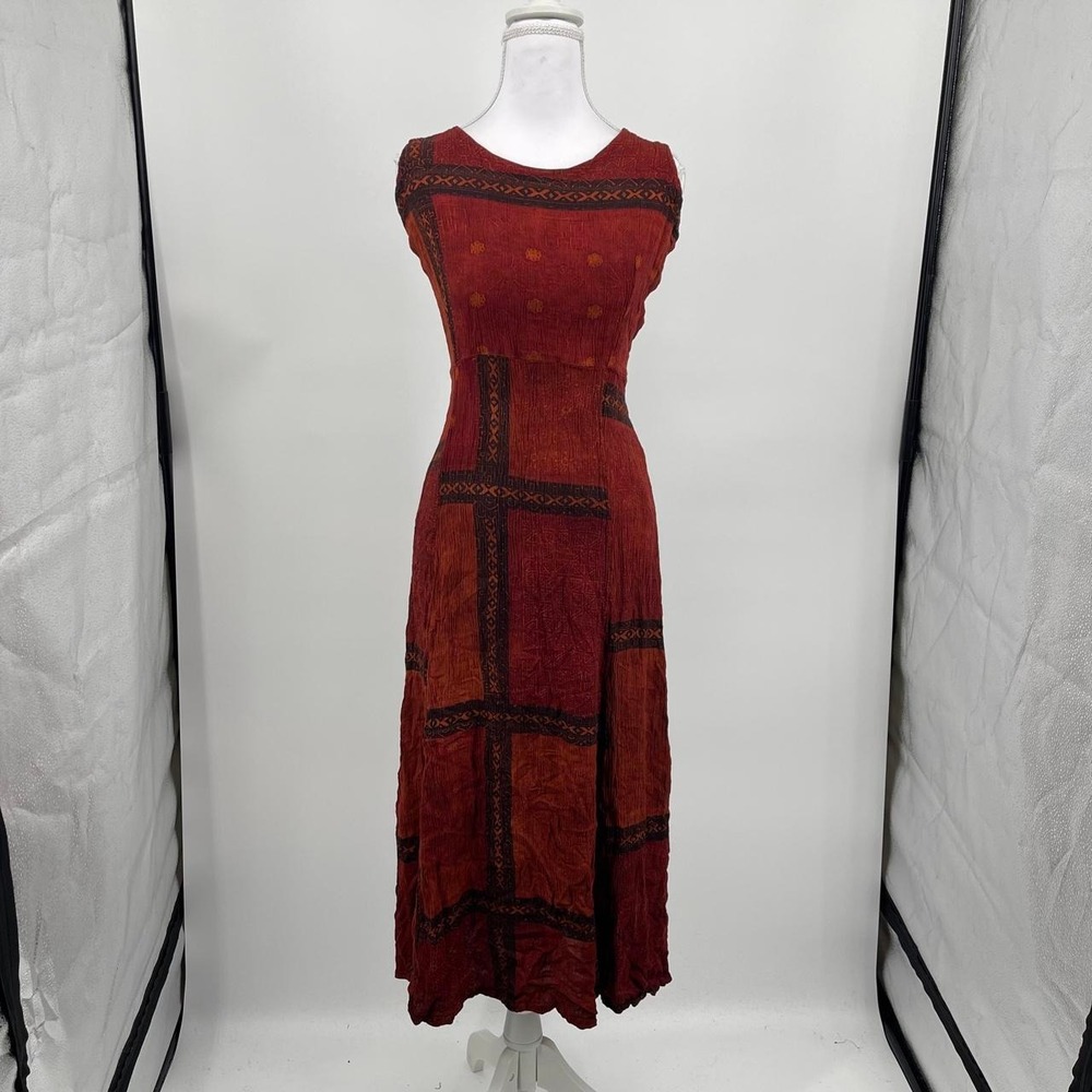 Vintage 90s Boho Midi Dress M Earthy Travel Resort Gauzy Retro Artsy Cottagecore